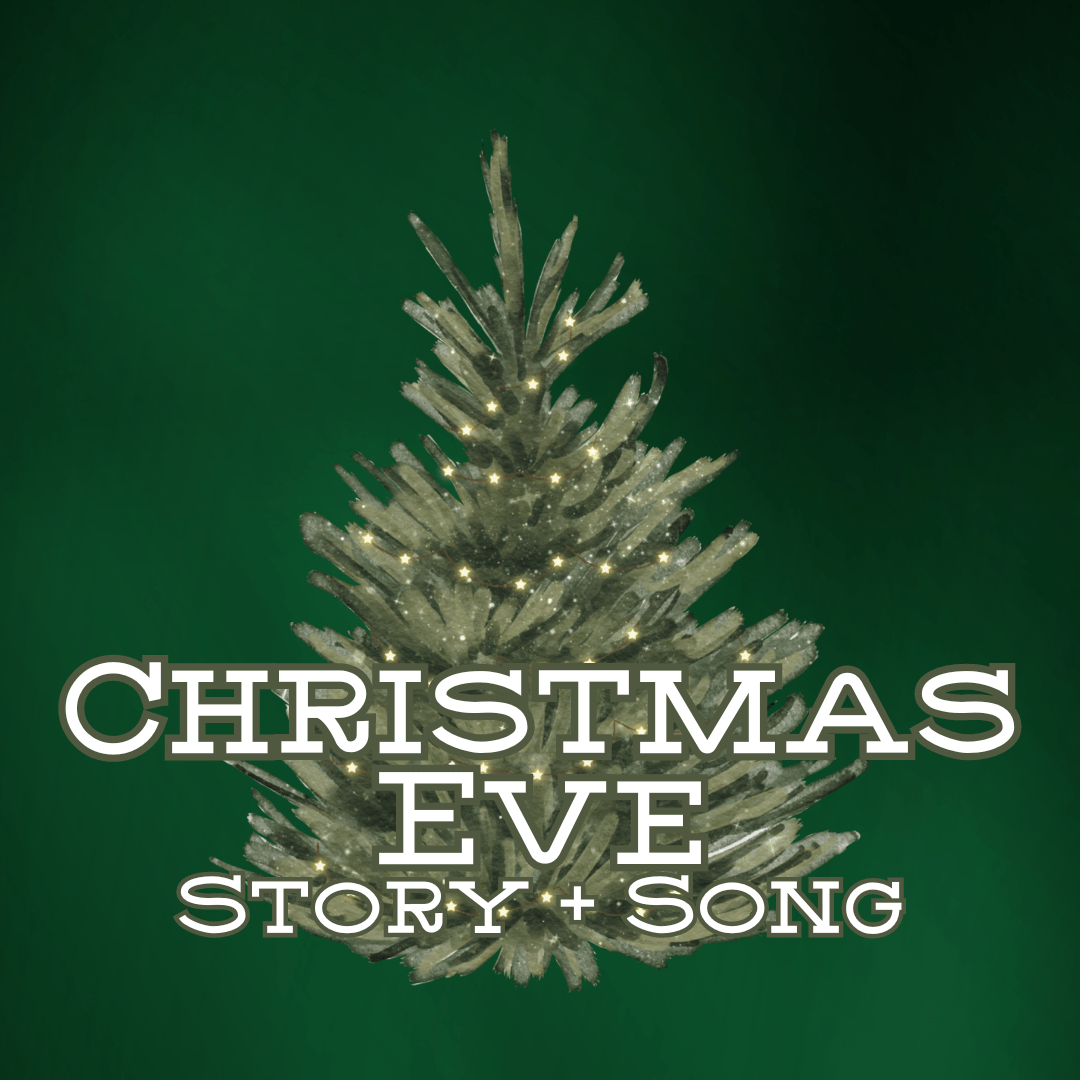 The words Christmas Eve: Story + Song set on a dark emerald green background with a green fir tree decorated in warm yellow Christmas lights.